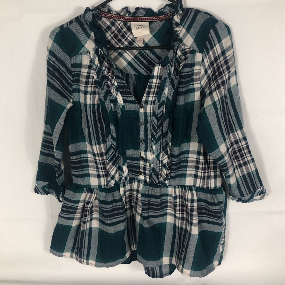 Knox Rose Shirt Peplum Plaid Womens Small Checkered Green White Vneck Top